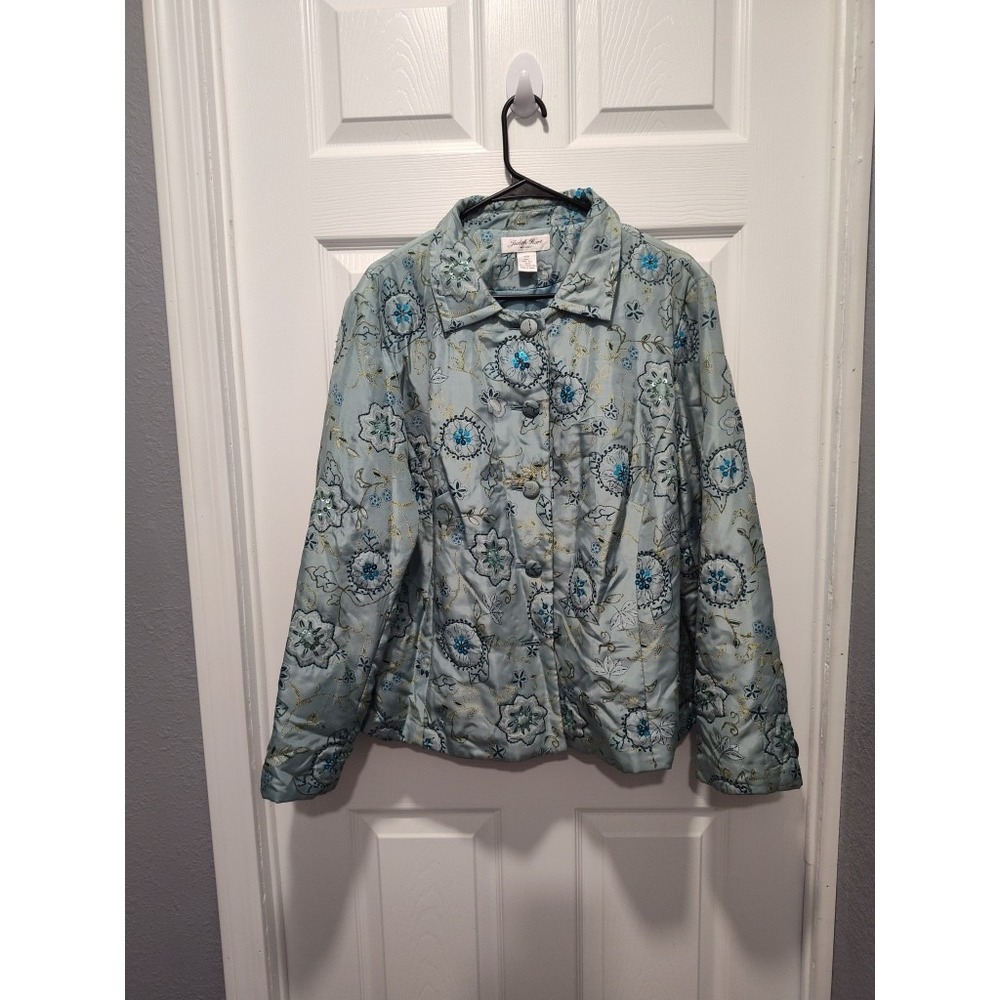 Judith Hart Silk Embroidered Quilted  Jacket with sequins 16W Aqua MSRP‎ $129